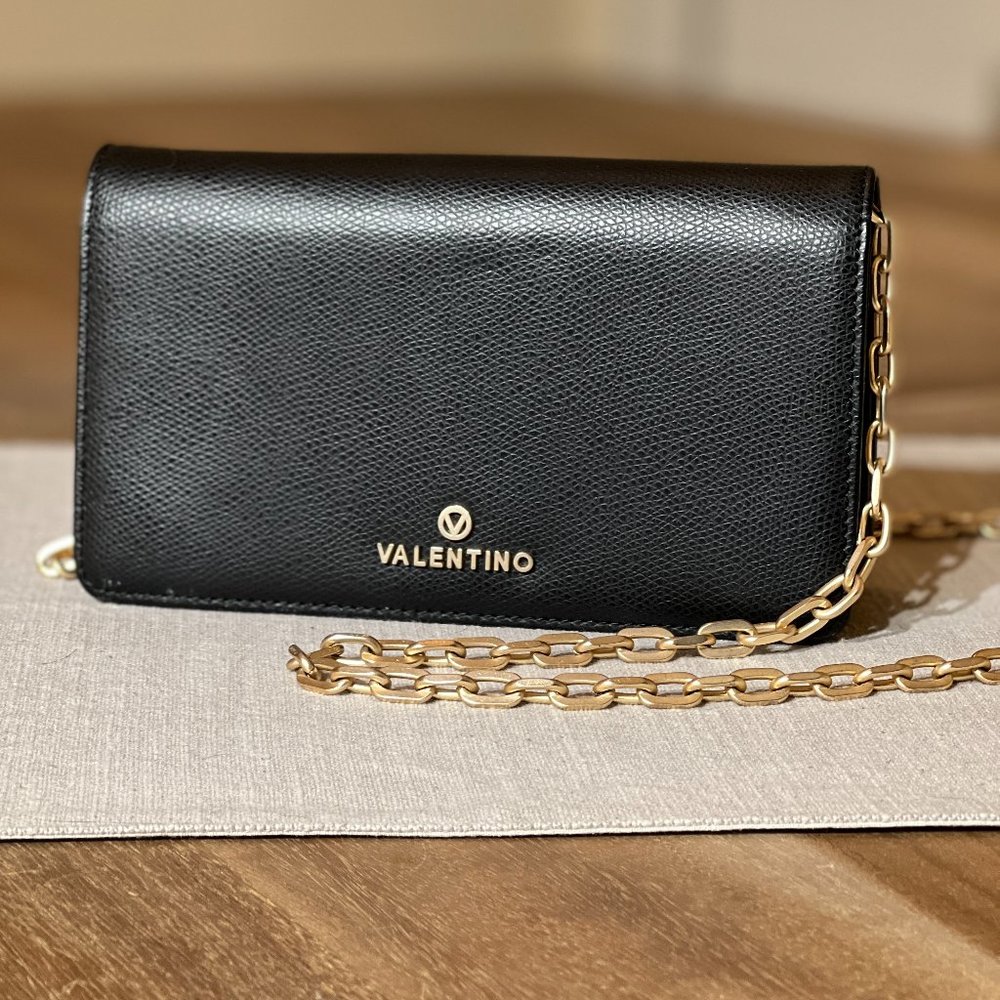 Valentino by Mario Valentino Chain Shoulder Bag Crossbody Black Leather